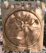 1800's Antique Cast Iron  Fireplace Cover Plate Diana, Cherubs Victorian Read