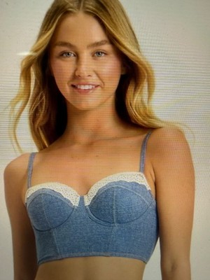 New Women s Country Style Colsie Bralette Top  Denim look  & White eyelet Sz XS