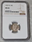 1937 D MERCURY DIME 90% SILVER CERTIFIED NGC MS 65 MS65 DENVER MINT 10¢ USA COIN