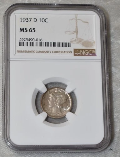 1937 D MERCURY DIME 90% SILVER CERTIFIED NGC MS 65 MS65 DENVER MINT 10¢ USA COIN