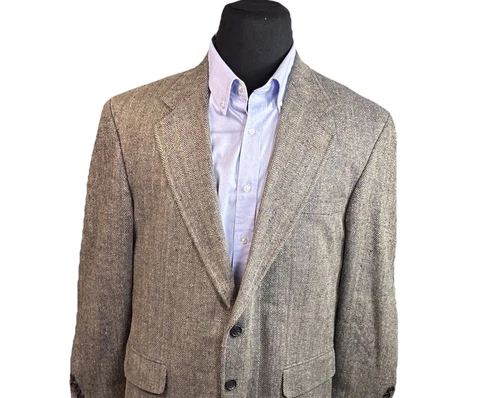 Lands End Vintage Tweed Jacket 44R Brown Herringbone Blazer 100% Silk Sport Coat - Picture 2 of 22