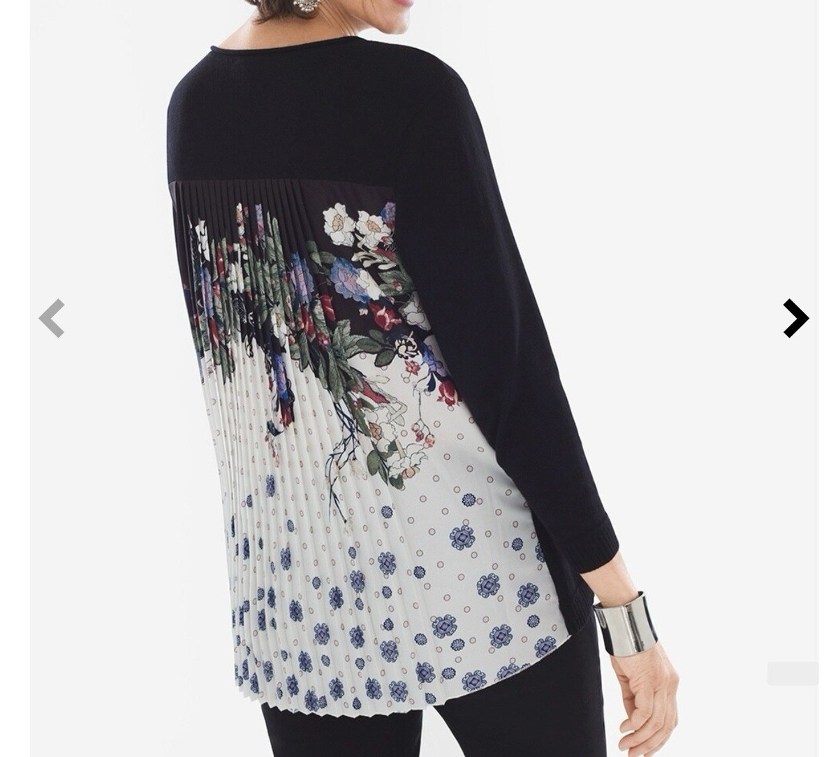 Chicos Pleat Back Floral Pullover Sweater size 2 Large Black White 