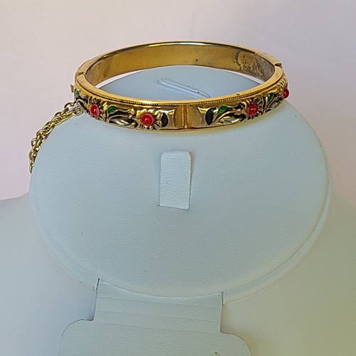 Vintage Youth Gold Tone Flower Bead Bangle Bracelet Safety Chain Damascene 6.5"