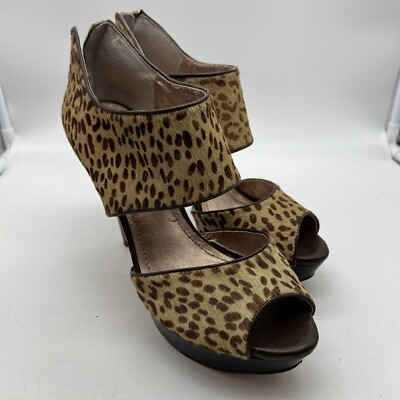 BCBGeneration Women's Leopard Cow-Hair Platform Peep Toe D'Orsay Heels Sz 8