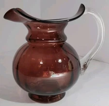 Vintage Amethyst Ribbed Pitcher With Clear Ribbed Glass Handle