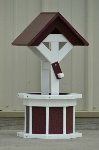 24 inch Poly Wishing Well; Flower Decorative Planter Wells, Cherrywood & White - Picture 2 of 2