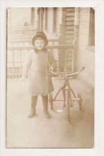 K-057 Adorable Little Girl with Hat and Tricycle Real Photo Postcard