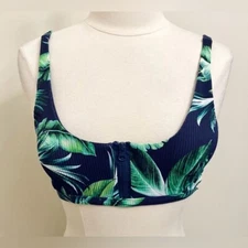 Tinibikini Swimwear Navy Blue Green Tropical Leaf Print Front Zip Bikini Top L