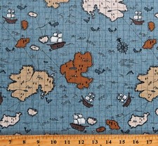Cotton Map Islands Ships Sailing Calm Waters Blue Fabric Print by Yard D368.61