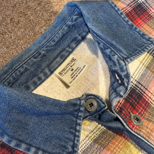 Structure Red Navy Orange White Plaid Long Sleeve Rugby Denim Collar Polo M USA - Picture 2 of 6