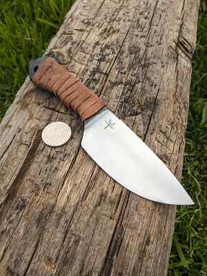 Drop Point Knife, Hand Forged, Spring Steel and Leather Wrap