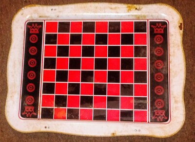 Vintage 1970's metal tv lap tray chess checker board folding 21.5