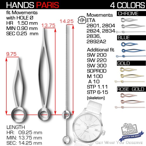 HANDS SET FOR MOVEMENT ETA 2824 FAMILY, SW200/300, SOP A10/M100  - Ref. PARIS - Afbeelding 1 van 6