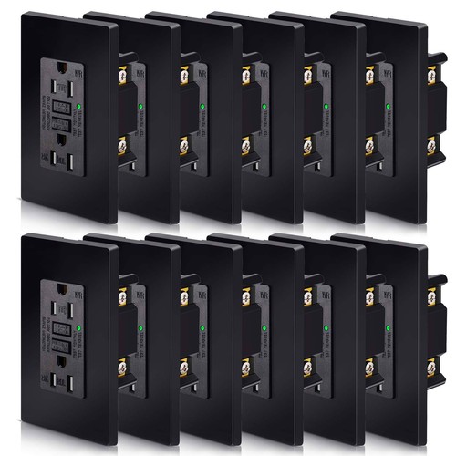 Electrical GFCI Outlet 15Amp Tamper Resistant Universal Power Socket Black 12Pcs