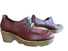 NOS 7 M Vtg 60s 70s Shoes BOHO WAVY PLATFORM SOLE Wedge Heel Oxfords Brown