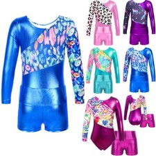 Kids Girls Shiny Long Sleeve Gymnastics Leotard with Booty Shorts Dancewear