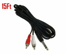 15FT 1/4" 6.35mm Stereo Male to 2-RCA L+R Male Plug Dj Guitar Cable Audio Cord