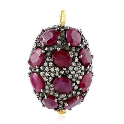 10.14ct Ruby Diamond Oval Spacer Vintage Look  Finding 925 Sterling Silver