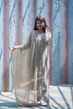 Khadi Cotton Hand Block Printed Kurti Pant Dupatta Set Grey Straight Suit Women