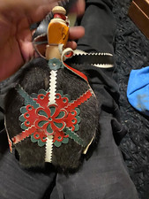 Native American Style Fur Covered Pouch Bag w/ Strap, Beaded Handle, Concho