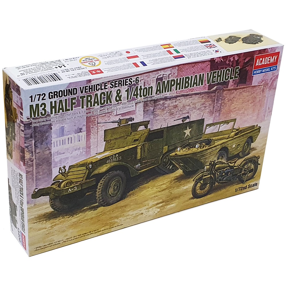 Academy 13408 M3 Half Track ¼ Ton Amphibious Vehicle & Motorcycle Model Kit 1:72