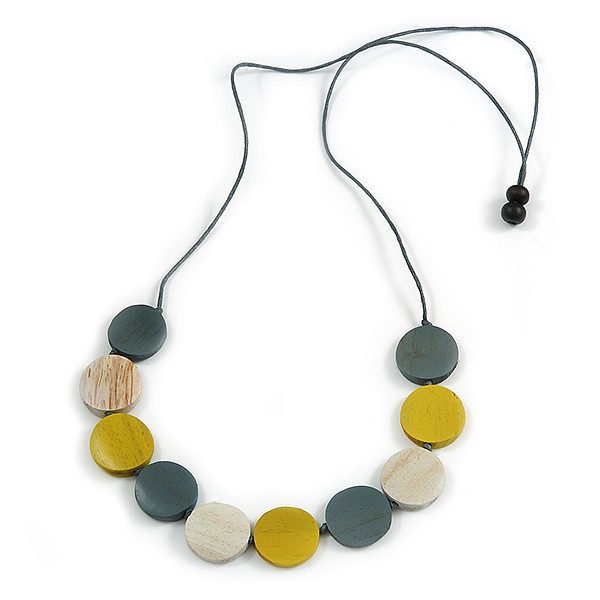 Grey/ Off White/ Dusty Yellow Wood Coin Bead Grey Cotton Cord Necklace - 86cm L