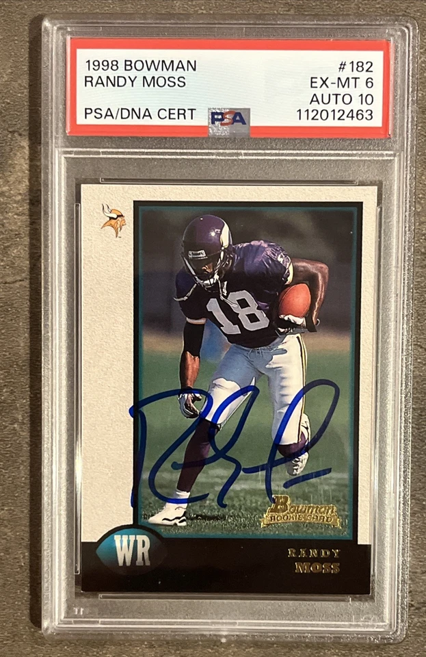 🟪🔥Randy Moss🔥🟪 1998 Bowman #182 autógrafo radiocontrol novato PSA ADN 6/10 automático Foto 3 de 4