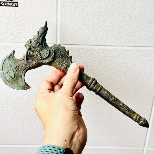 Antique 100y Khmer Deity Weapon Green Axe Deagon Ancient Warrior Angkorwat 18489 - Picture 2 of 18