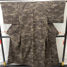 Japanese Vintage Kimono Silk Brown Oshima Traditional Authentic Length 59 in