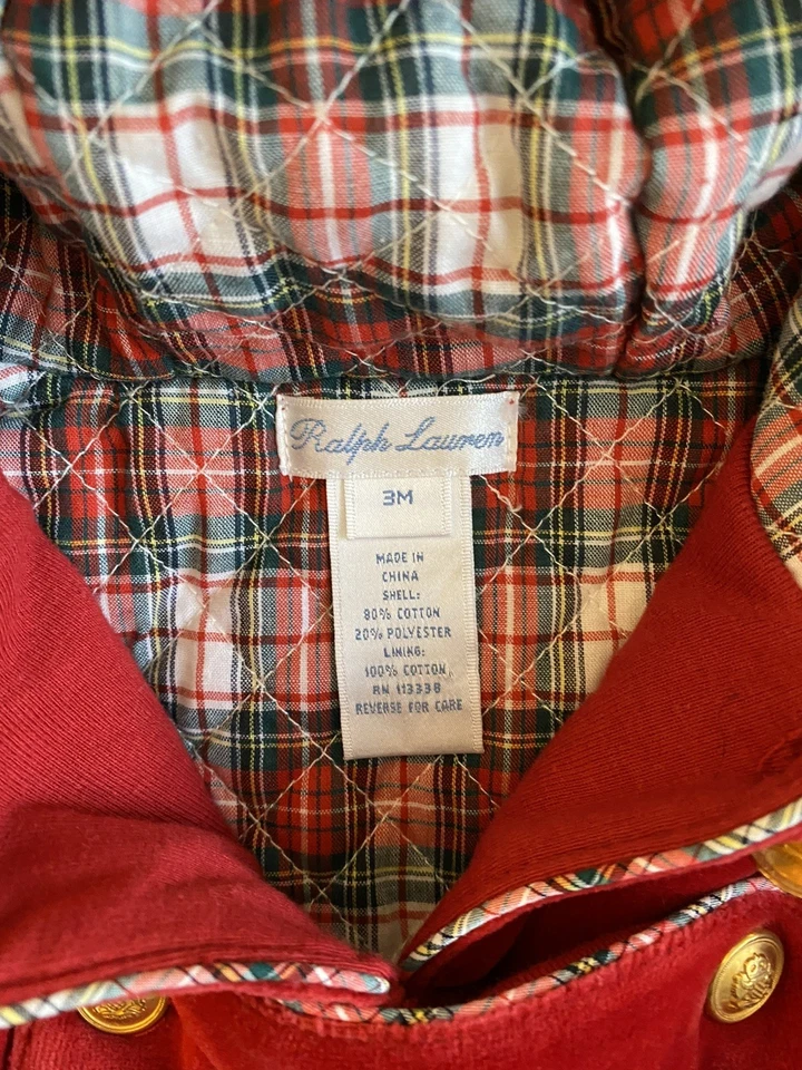 Ralph Lauren Bebé Una Pieza Capucha Terciopelo Rojo 3 Meses Forro a Cuadros Cresta Logo Nuevo con Etiquetas Foto 4 de 4