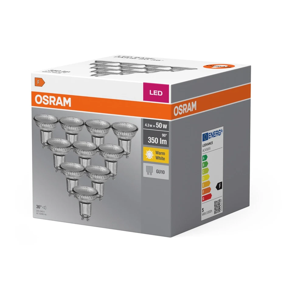 Osram base PAR16 LED riflettore lampada vetro bianco caldo GU10 4.3 W 10 Pezzi - Immagine 2 di 4