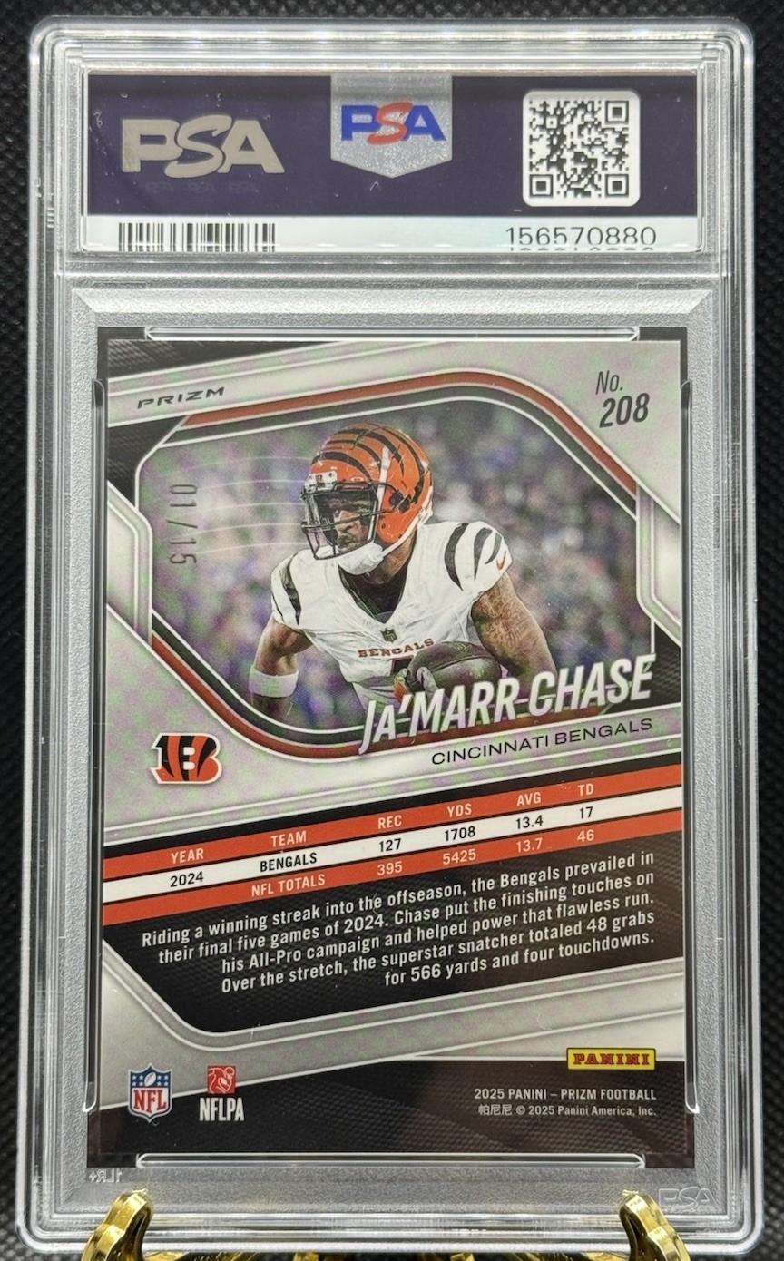 2025 Panini Prizm Ja’marr Chase Cherry Blossom /15 Jersey Number Match PSA 10 view 2