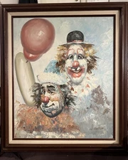 Vintage Original Oil Painting, Two CLOWNS With balloons Signed W. Hawkins 20x24