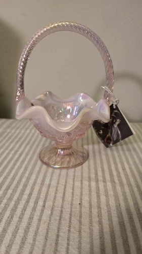 Fenton Glass Pink Chiffon Opal Basket Ruffled Edge Embossed Flowers 6821 YS