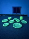 38pc Vintage Uranium Custard Milk Glass Plates Bowls + Platter & Hangers
