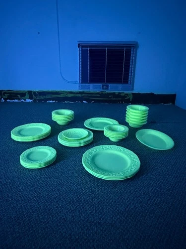 38pc Vintage Uranium Custard Milk Glass Plates Bowls + Platter & Hangers