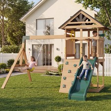 Solid Wood Wooden Swing Set with Slide Rock Climbing Wall Playhouse 2 Swings