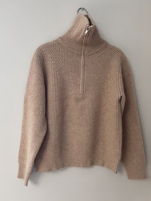  Superfeiner Wollpullover mit 1/4 Reißverschluss, hoher Kragen beige P2P52cm Len60cm M Rippstrick