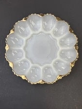 VTG Deviled Egg Platter Dish Milk Glass Mid Century Retro Serving Plate Kitchen