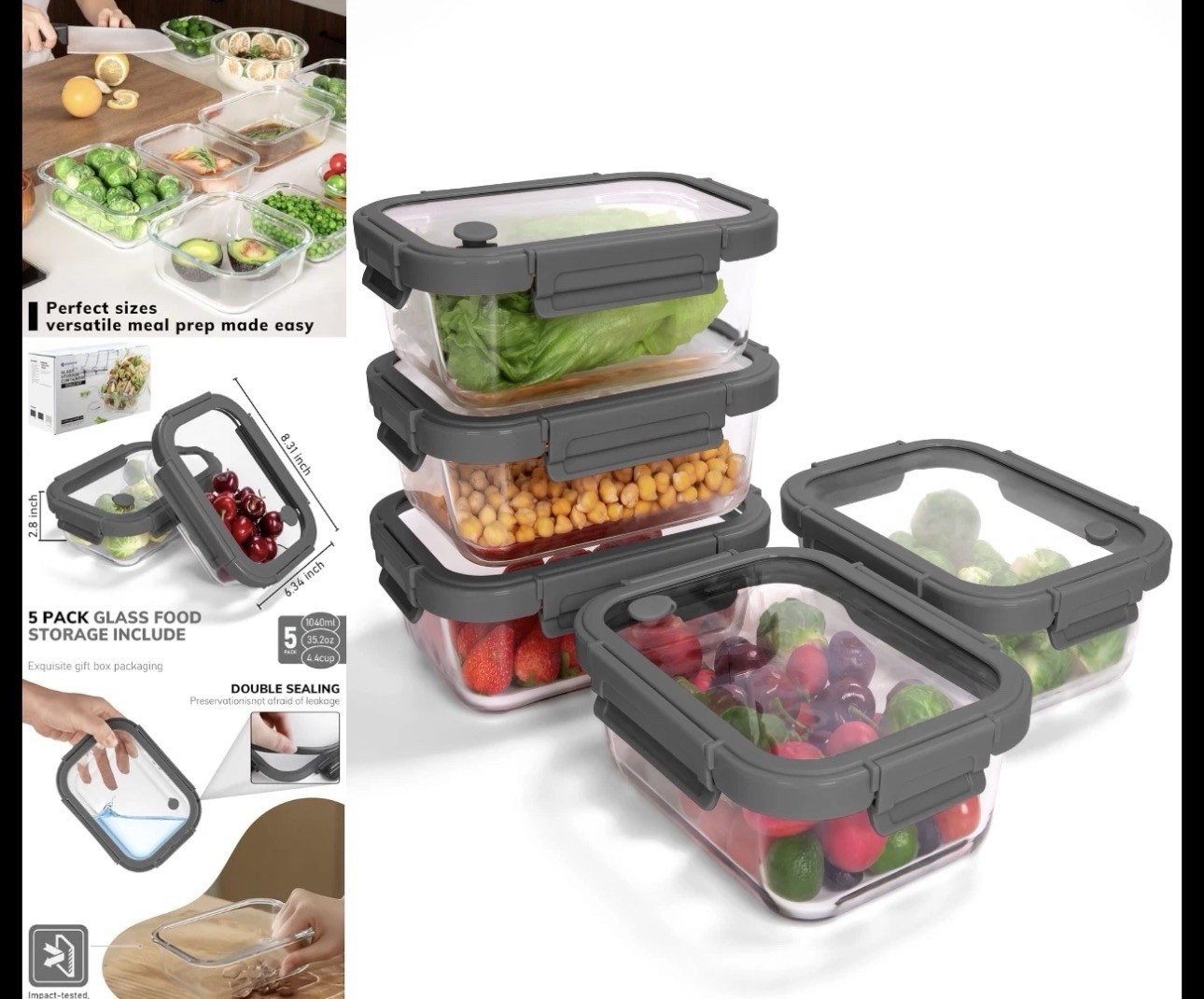 5-Pack Borosilicate Glass Meal Prep Containers, Airtight, Microwave & Freezer Sa