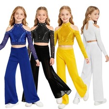 Kids Girls Crop Top With Pants Sequins Dance Costume For Stage Performance