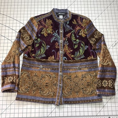 Sag Harbor Tapestry Jacquard Jacket Women 12p Burgundy Floral Artsy Boho Cottage