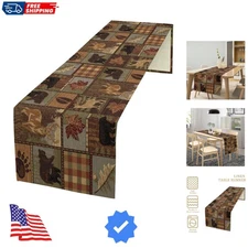 Rustic Moose Deer Bear Table Runner, Retro Vintage Bear Cottage Country Style...