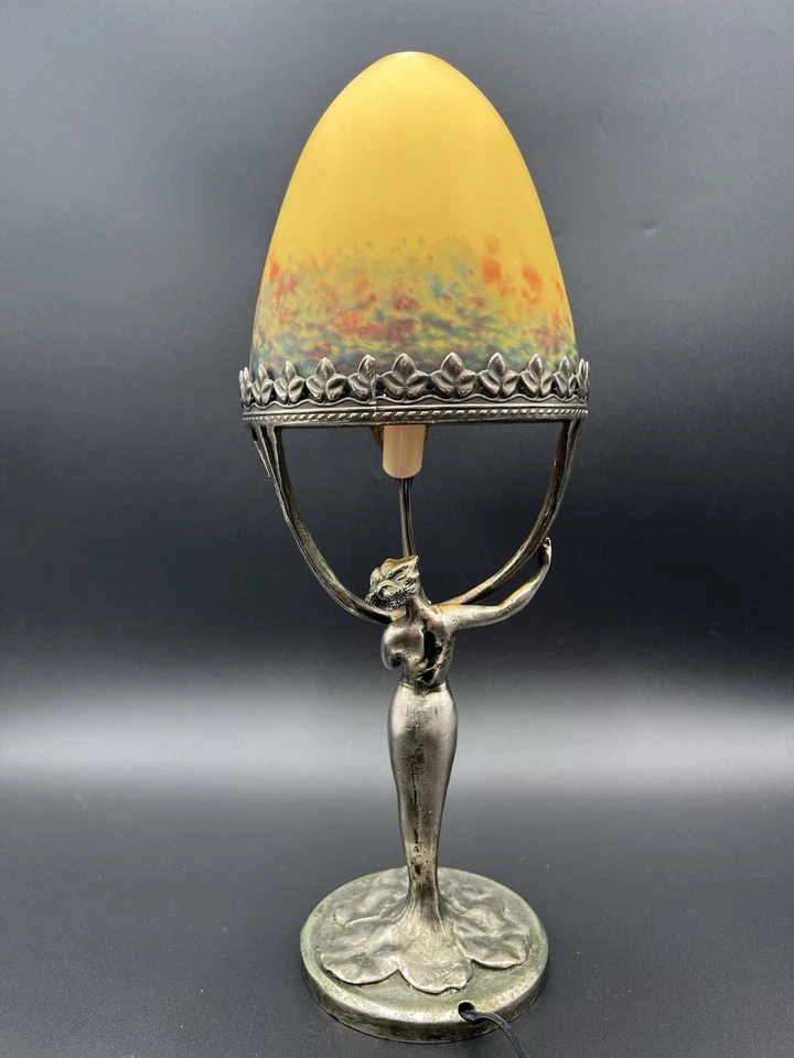 Antigua lámpara de bronce Lucien Alliot con pantalla Le Verre Francais años 20 firmada Foto 3 de 4