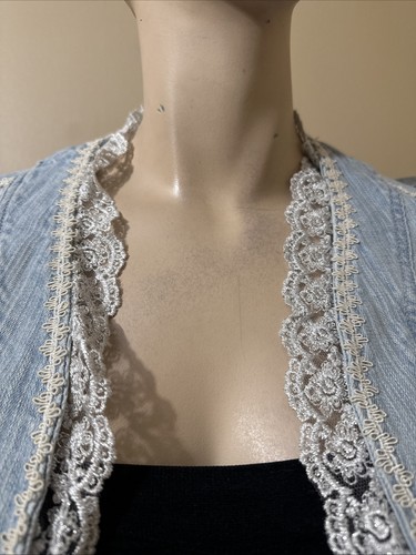 Damen Hellblau Baumwolle Denim Freizeit Stretch Slim Perlen Spitze Gr. L Weste Cape - Bild 3 von 23