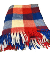 Vtg Faribo Fluff-Loomed Red White Blue Wool Throw Blanket Plaid 64x52" Made USA