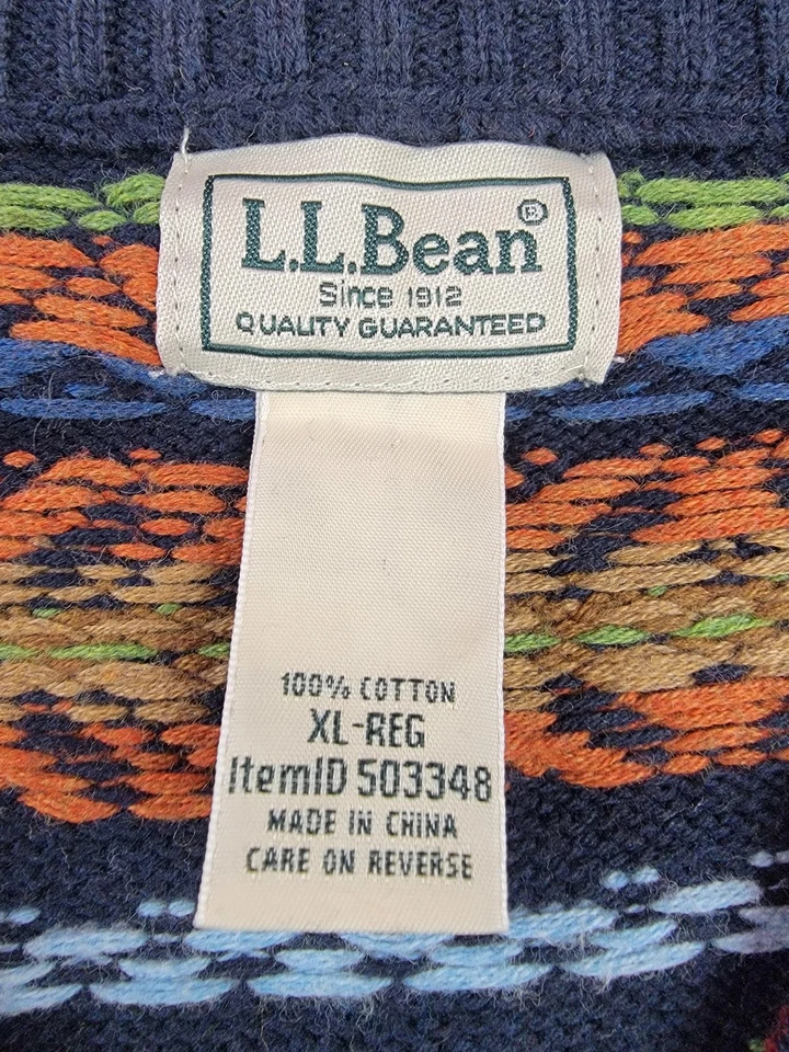 L.L.Bean Sweater Mens XL Navy Fair Isle Quarter Zip Mock Neck Pullover Knit - Image 3 of 4
