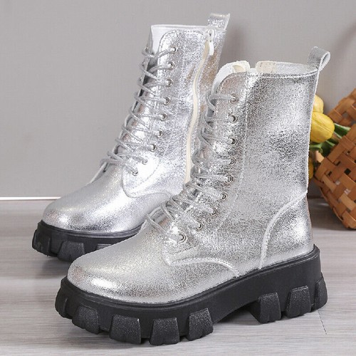Halbhohe Damenschuhe Plateau-Schnürstiefel mit Reißverschluss US-Größe 8 runde Spitze bequem - Bild 6 von 13