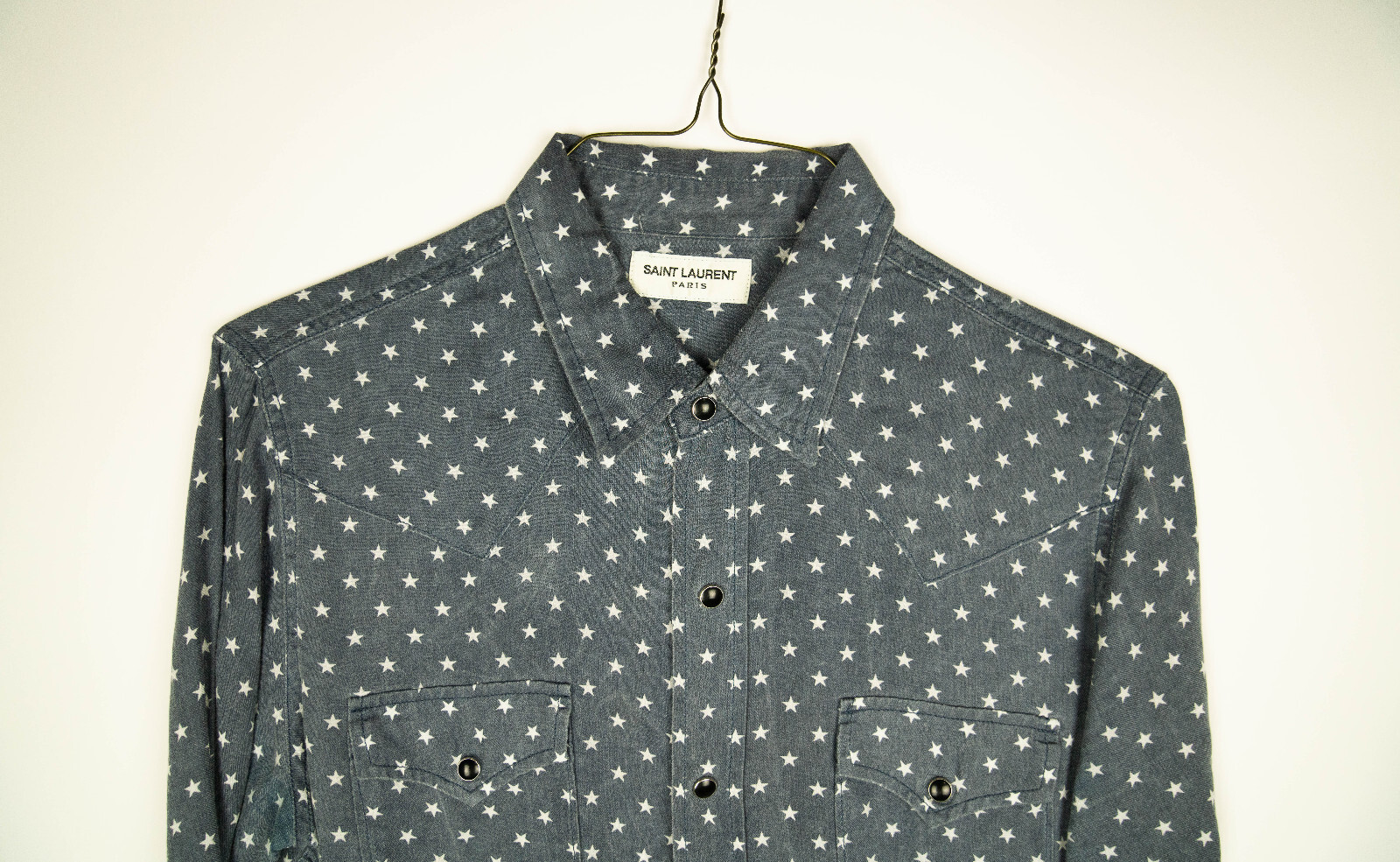 SAINT LAURENT PARIS Camicia Western Flanella Plaid Stella Blu Denim Lavato Grande L