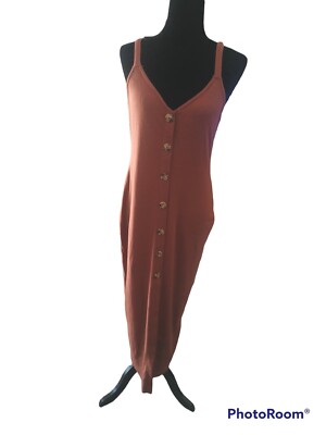 Shein Womens Orange Ribbed Knit Cotton Button Down Maxi Dress L